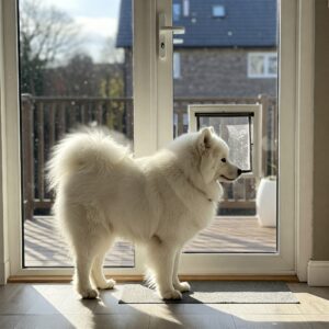 A fluffy white dog standing in front of a glass door with a dog door, looking outside on a sunny day.