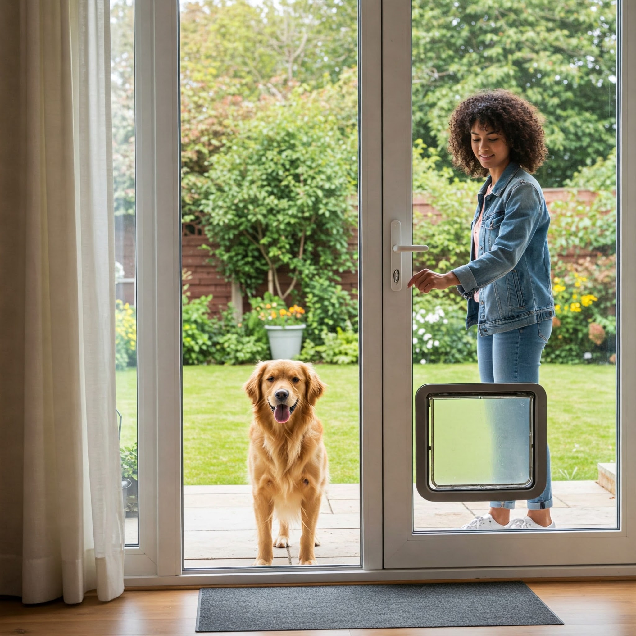 A golden retriever waiting outside a glass door with a built-in dog door, while a woman opens the main door.
