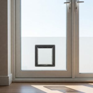 A minimalistic glass door with a dog door, leading to a balcony with bright daylight.