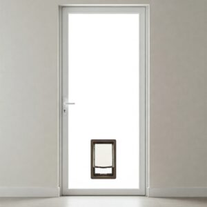 A full-frame view of a modern glass door featuring a centered dog door in a clean indoor space.