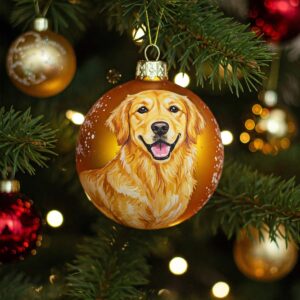Hand-painted illustration of a golden retriever Christmas ornament hanging from a festive branch.