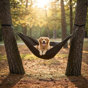 Golden Retriever lying comfortably in a black hammock tied between two trees in a forest at sunset. 