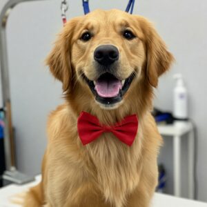 Golden Retriever wearing a red bow tie at grooming salon, ready for dog cologne spritz… 