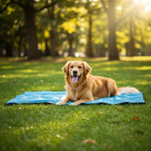 Golden Retriever resting on a blue outdoor dog blanket in a sunny park.