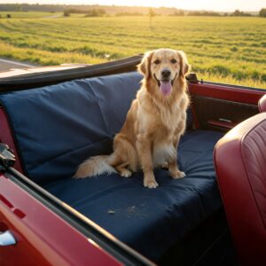 Alt text: Golden Retriever sitting on a protective dog blanket in the back seat of a red convertible.