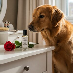 Golden Retriever looking at a red rose beside a bottle of designer dog cologne on a white table…