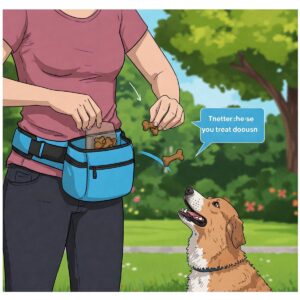 Animated illustration showing how a hands-free dog treat bag can be worn around the waist for convenient access.
