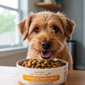 Contented dog enjoying chicken and sweet potato flavored dog food.