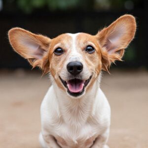 A content dog showing its clean ears after a refreshing ear wash treatment.