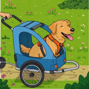 A cheerful dog with a safety harness secured inside a bike trailer illustration.