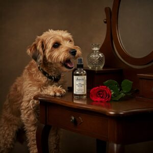 Happy dog with a bottle of dog cologne and a red rose on a classic wood dresser…