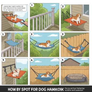 Cartoon instructions showing how to safely set up a dog hammock in various outdoor and indoor locations. 