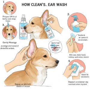 Illustration showing the steps for properly using ear wash to clean a dog's ears.