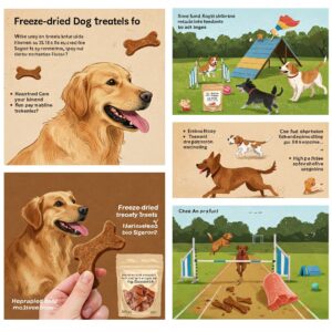 Illustrated infographic highlighting the benefits of freeze-dried dog treats such as natural ingredients, safety, and active lifestyle. 
