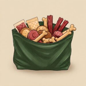 Illustration showcasing the spacious interior of a large capacity dog treat pouch filled with various treats.