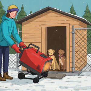 A woman pulling a portable heater toward an outdoor dog kennel in winter, with two dogs waiting inside for warmth. 