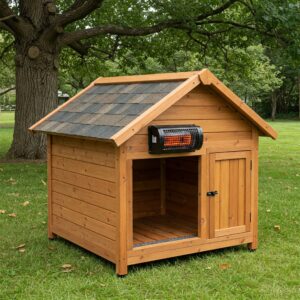 Outdoor wooden dog house with a mounted wall heater inside, designed for warmth while maintaining open ventilation. 