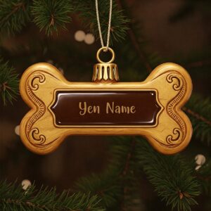 Illustration showcasing a personalized dog bone ornament with space for a pet's name.