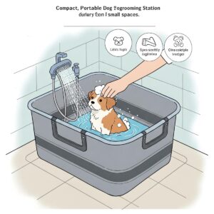 Illustration of a convenient and portable dog grooming tub for small spaces.