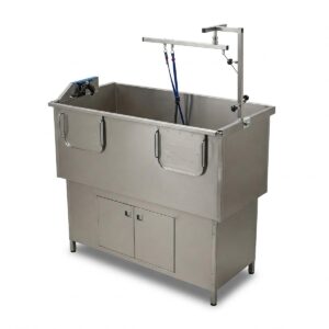 Illustration of a professional-grade dog grooming tub with splash guards and grooming arm attachment.