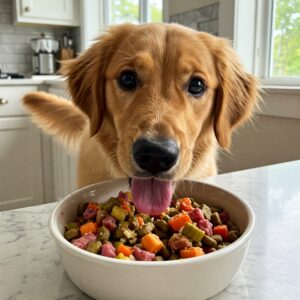 Golden Retriever excited to eat small batch dog food with real meat and veggies…