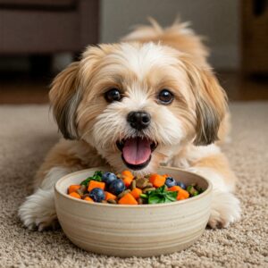 Havanese dog eating small batch dog food topped with fresh vegetables and blueberries…
