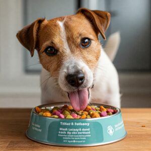 Jack Russell Terrier enjoying nutritious small batch dog food with a tasty blend…