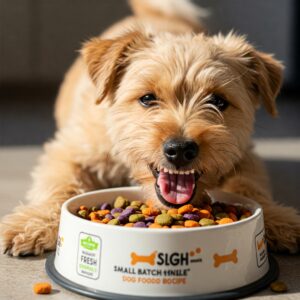 Happy terrier enjoying small batch dog food with colorful kibble mix…