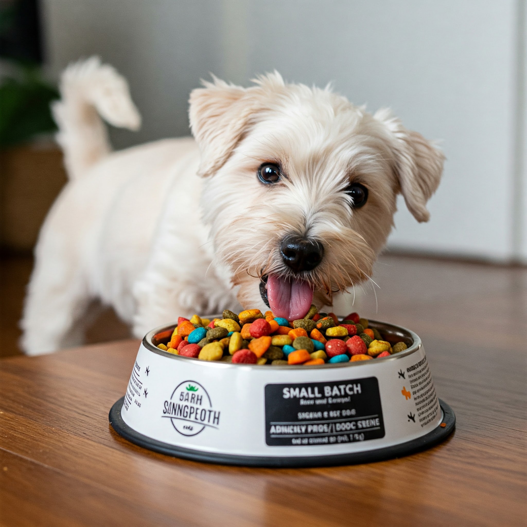White terrier licking its bowl clean filled with small batch dog food…