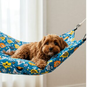 Small fluffy dog relaxing on a colorful indoor hammock with cartoon paw prints and animal designs. 