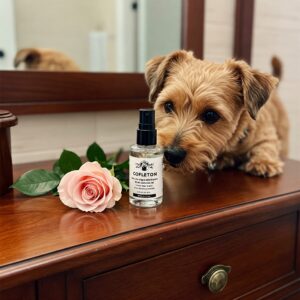 Small dog sniffing a rose next to a bottle of dog cologne on a wooden vanity…