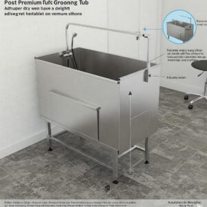 Detailed illustration showcasing a durable stainless steel dog grooming tub with adjustable features.