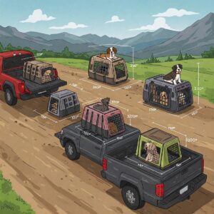 Illustration showing the ventilation features of a dog kennel designed for truck beds, promoting airflow and pet comfort.