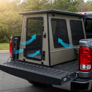 Illustration showing the ventilation features of a dog kennel designed for truck beds, promoting airflow and pet comfort.