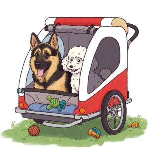 Illustration showing two different breed dogs comfortably sitting in a bike trailer.