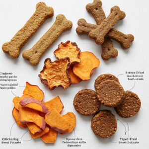 Variety of dog treats including baked bone-shaped biscuits, freeze-dried sweet potatoes, and beef and sweet potato patties. 