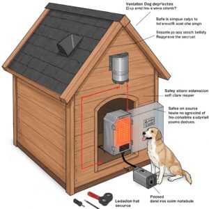 Diagram of a ventilated and safe heating system inside a wooden dog house, showing a fixed heater and air vents. 