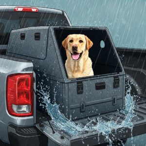 Illustration emphasizing the waterproof and weather-resistant features of a dog box specifically built for truck use, protecting pets from the elements.