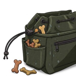 Close-up illustration of a durable, waterproof dog treat pouch with a secure drawstring closure.