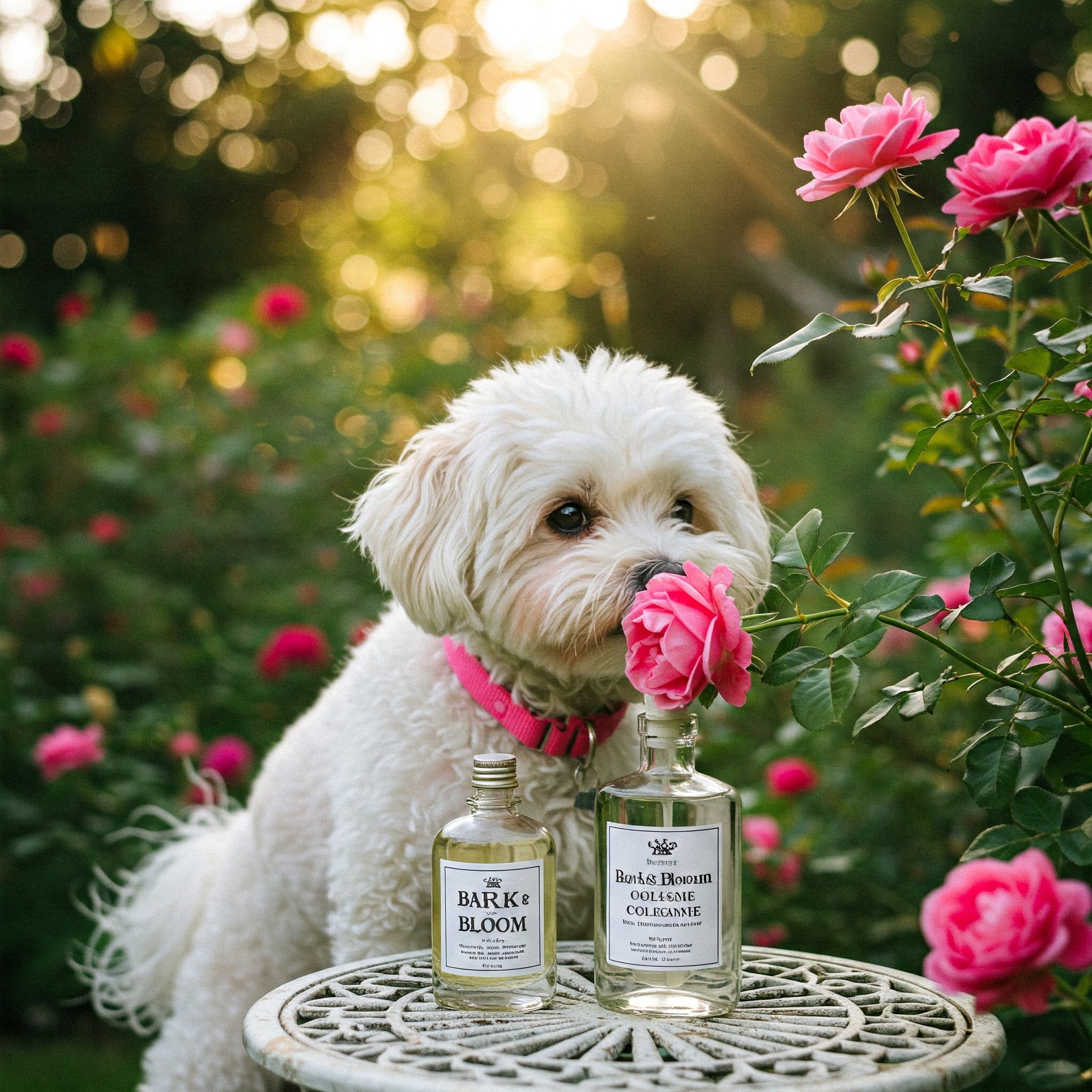 White fluffy dog in a rose garden sniffing flowers beside Bark & Bloom dog cologne bottles…
