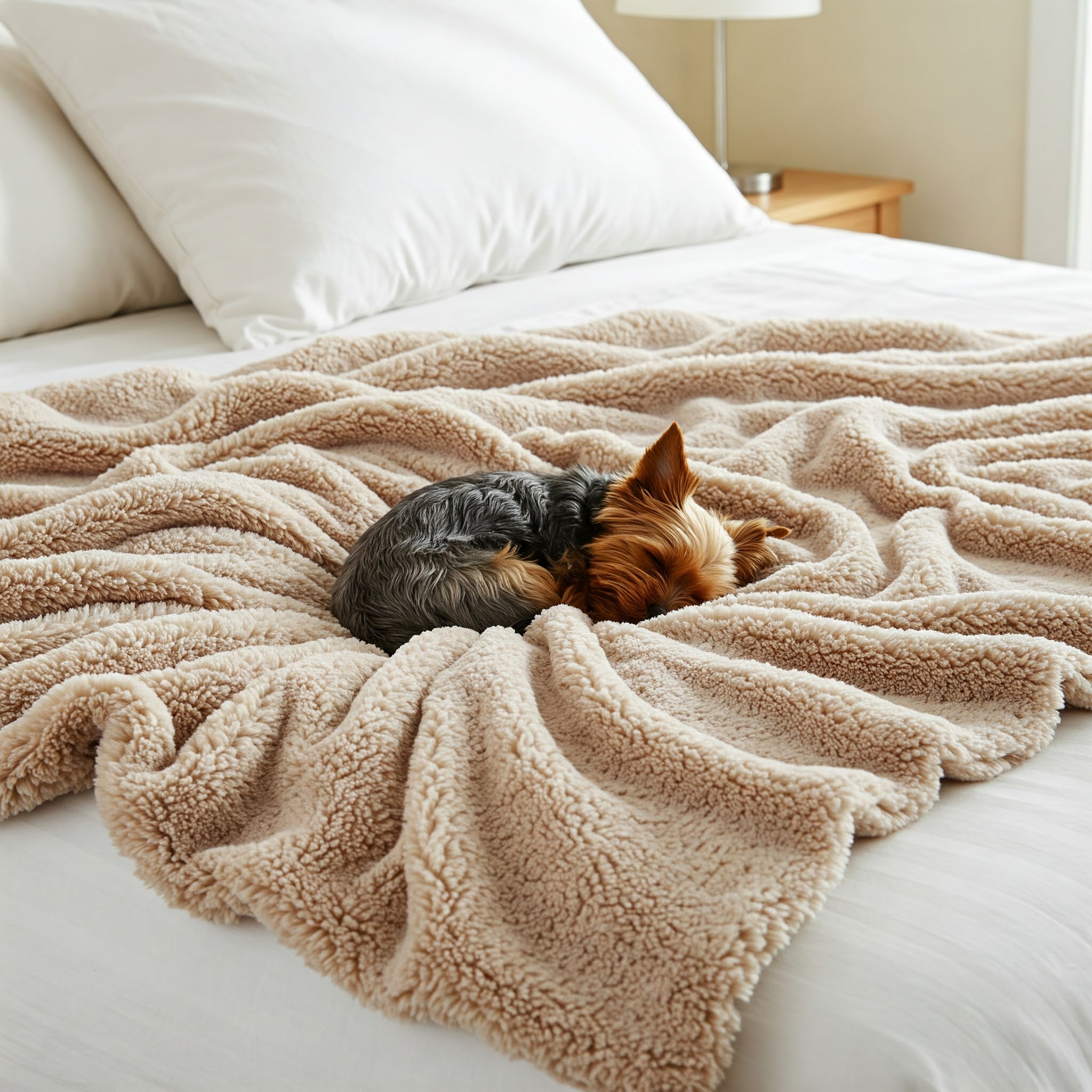 Yorkshire Terrier curled up and sleeping on a plush dog blanket spread across a bed. dog blankets