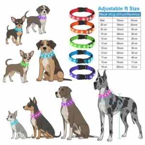 Illustration displaying different adjustable sizes of light up dog collars to fit various breeds, ensuring a comfortable and secure fit.