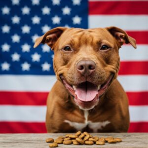 American dog happily eating dry salmon-flavored dog food from a bowl.