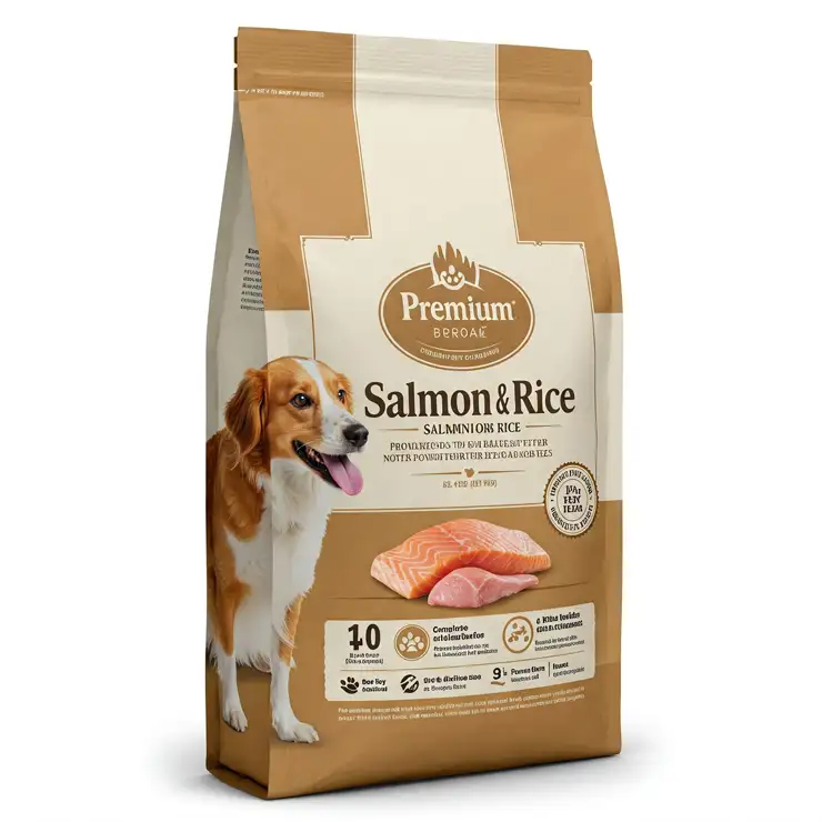 A bag of our premium salmon and rice dog food, providing complete and balanced nutrition.