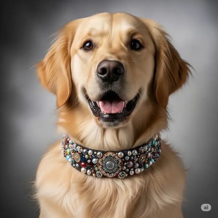 Golden Retriever wearing a vibrant, handcrafted beaded dog collar with natural stones and durable leather accents.