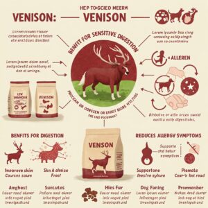 Infographic illustrating the health benefits of venison dog food, such as being good for dogs with allergies and sensitive digestion.