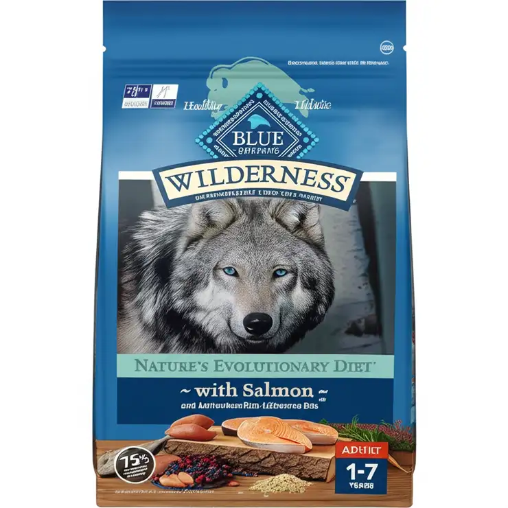 Blue Wilderness dog food packaging featuring a wolf and salmon visuals, representing a high-protein diet for active dogs.