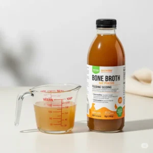 A measuring cup and bottle of broth for portioning, ensuring proper serving size for different dog breeds and sizes.