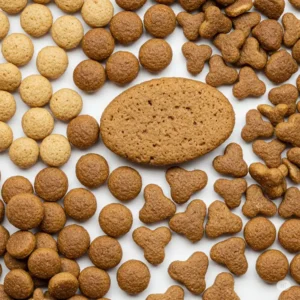Different shapes and sizes of dry dog food kibble formulated for bully breeds