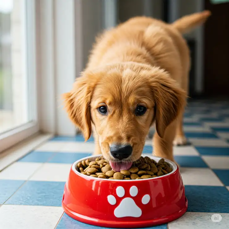 Cute bully breed puppy eating food specifically formulated for their growth